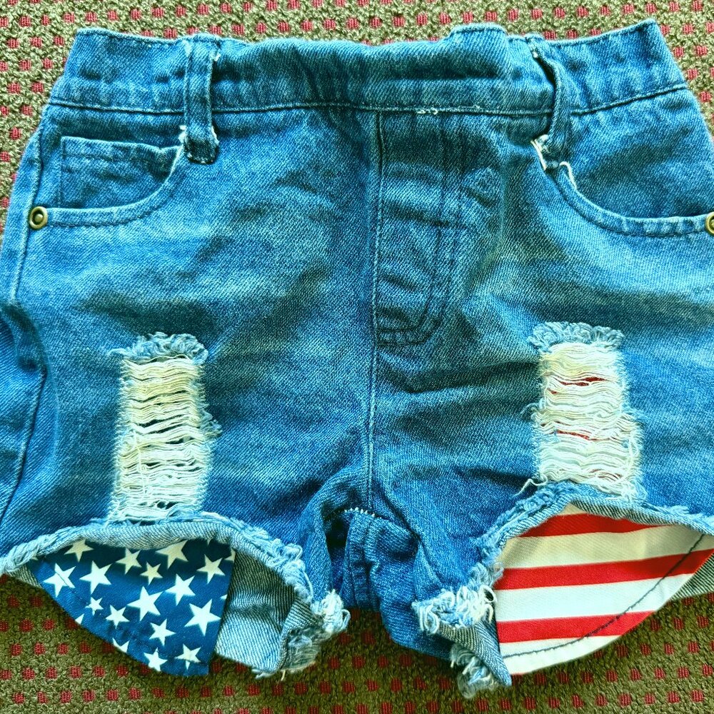 Girls 4T-5T Patriotic American Flag Distressed Denim Shorts 4th of July USA